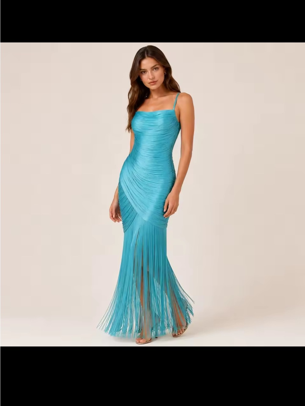 Turquoise Fringe Sheath Dress with Spaghetti Straps